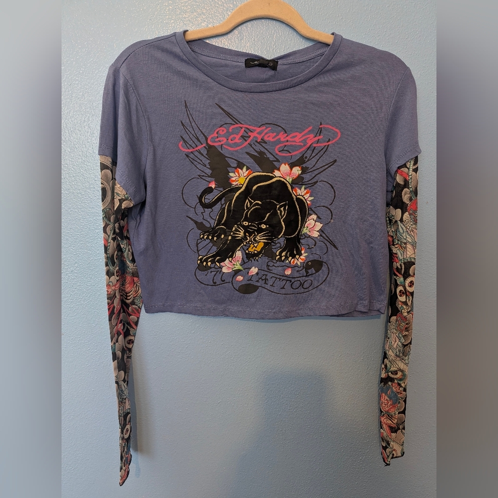 NWT-Ed Hardy Tattoo Mesh Long sleeve Graphic Crop Top